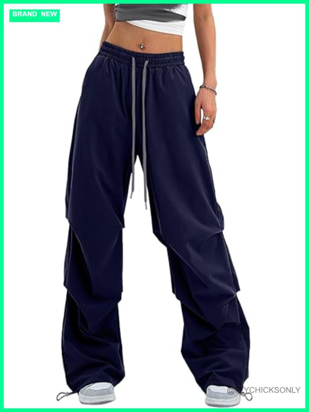 Y2K Baggy Parachute Cargo Pants Wide Leg Adjustable Drawstring Waist - Picture 1 of 6